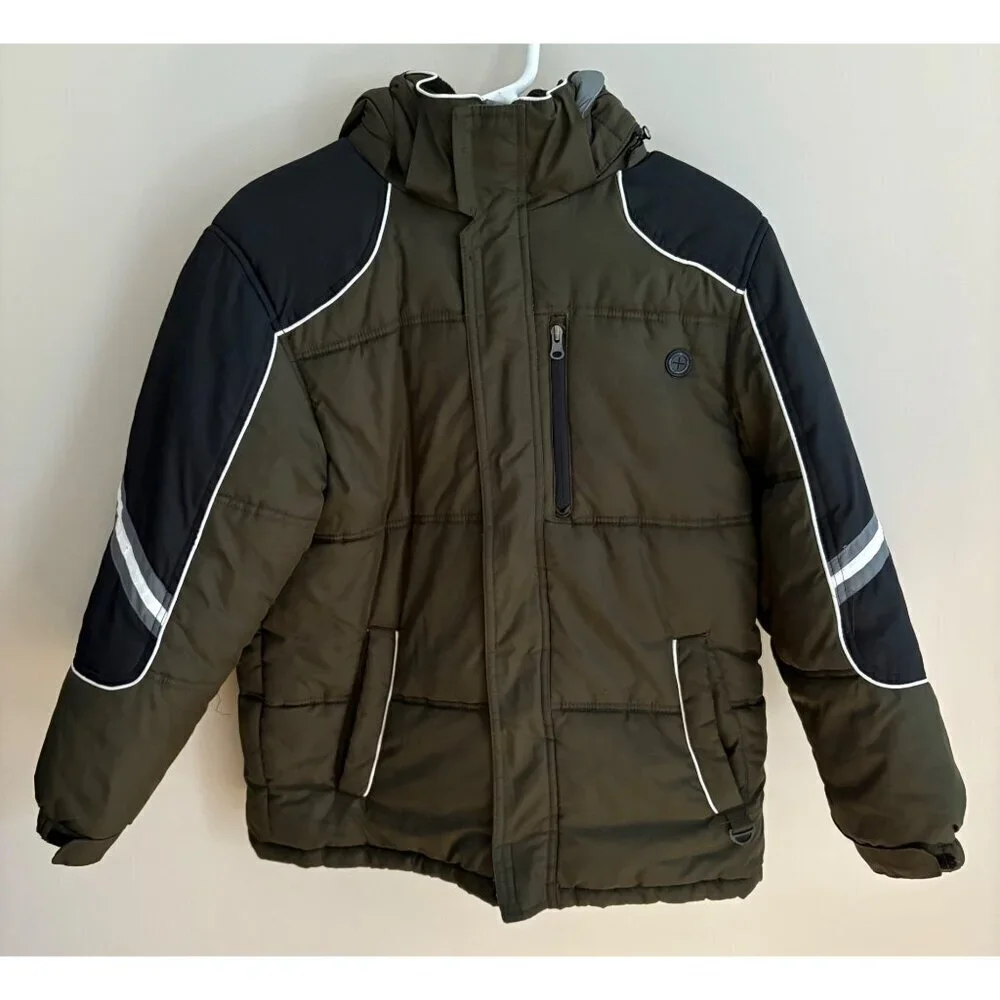 Protection System Boys Winter Jacket Size 14/16 Olive Green Black Hooded Puffer